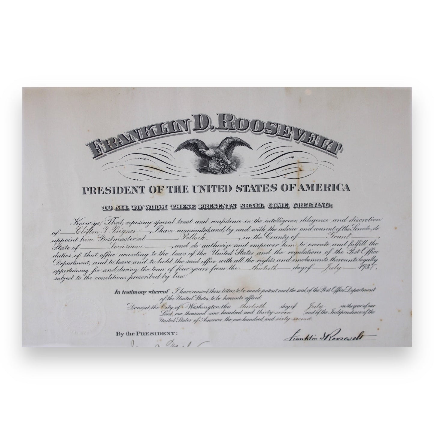 1937 Franklin D. Roosevelt Signed Presidential Appointment Certificate