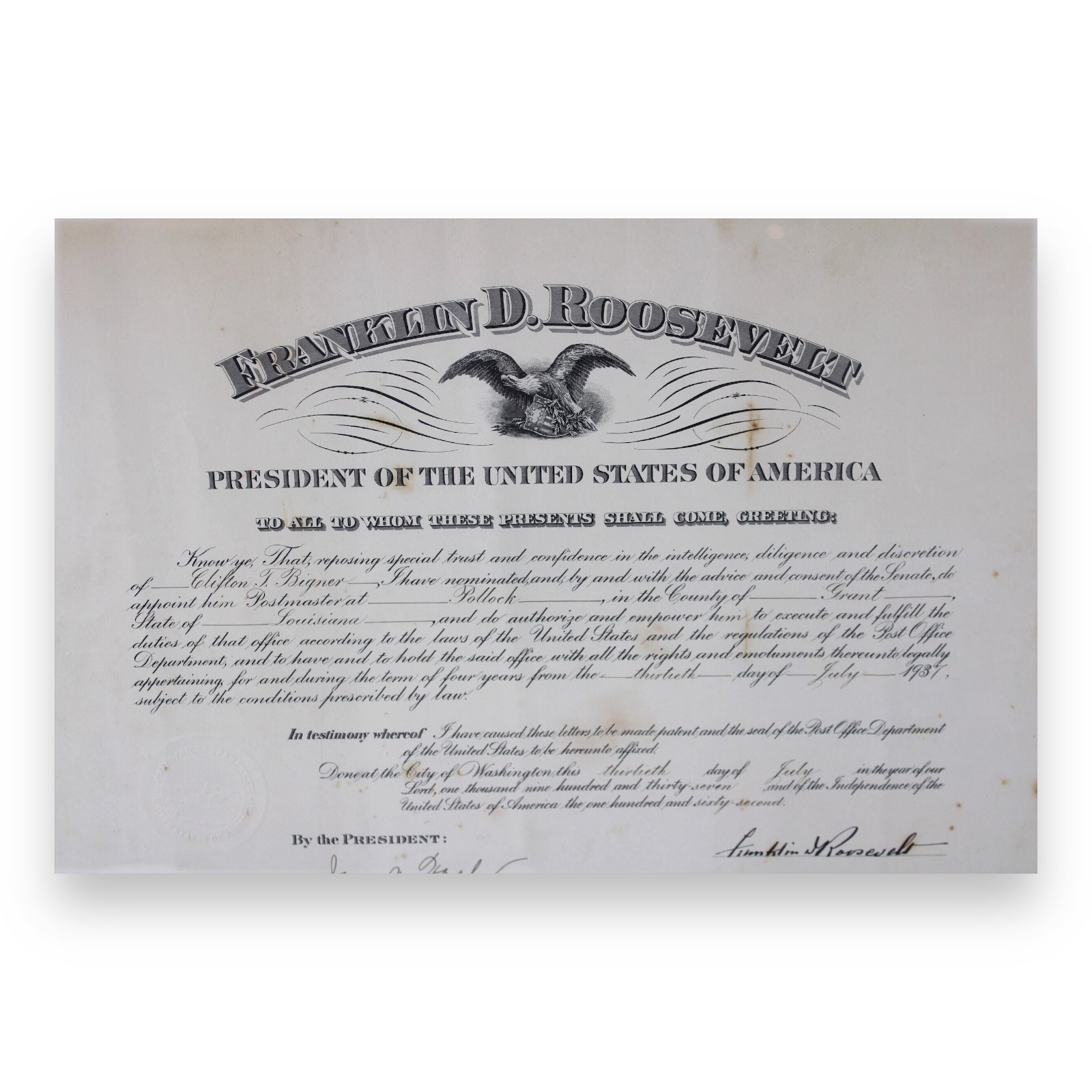 1937 Franklin D. Roosevelt Signed Presidential Appointment Certificate