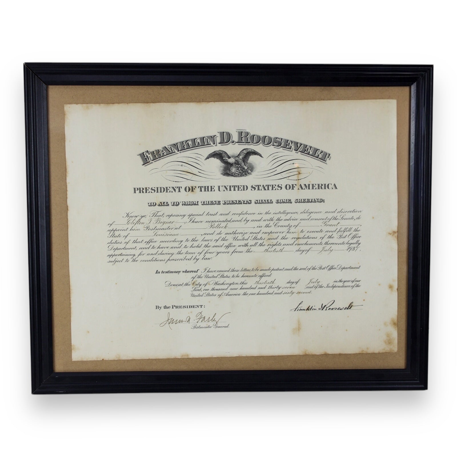 1937 Franklin D. Roosevelt Signed Presidential Appointment Certificate