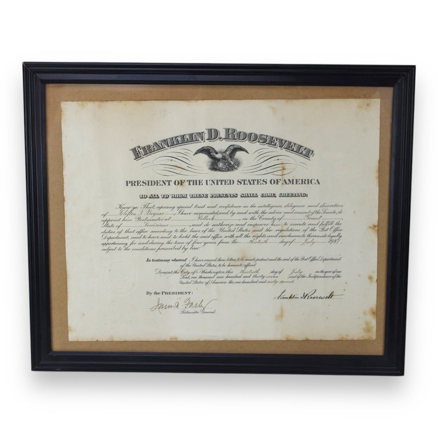 1937 Franklin D. Roosevelt Signed Presidential Appointment Certificate