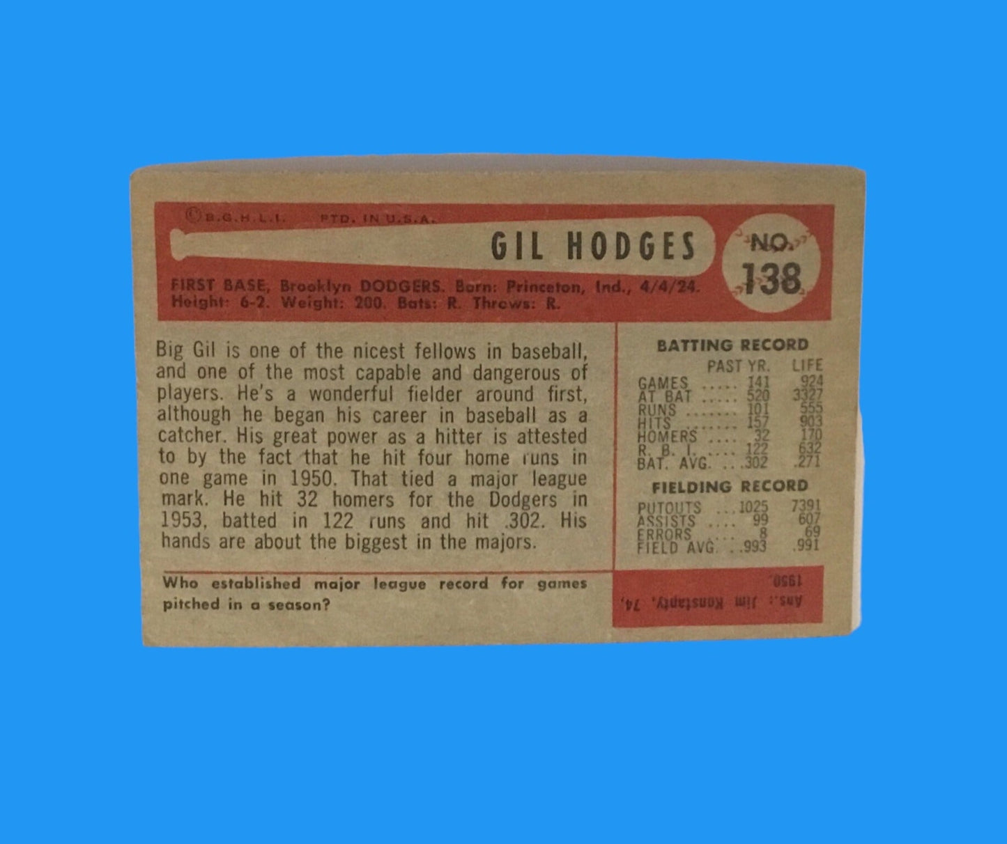 1954 Bowman #138 Gil Hodges Dodgers