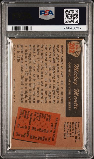 1955 Bowman #202 Mickey Mantle Yankees HOF PSA 5 - EX/MT