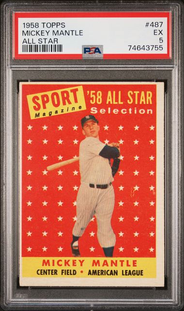 1958 Topps #487 All Star Mickey Mantle Yankees HOF PSA 5 - EX/MT