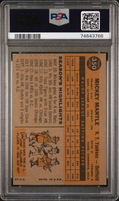 1960 Topps #350 Mickey Mantle Yankees HOF PSA 4 - VG-EX