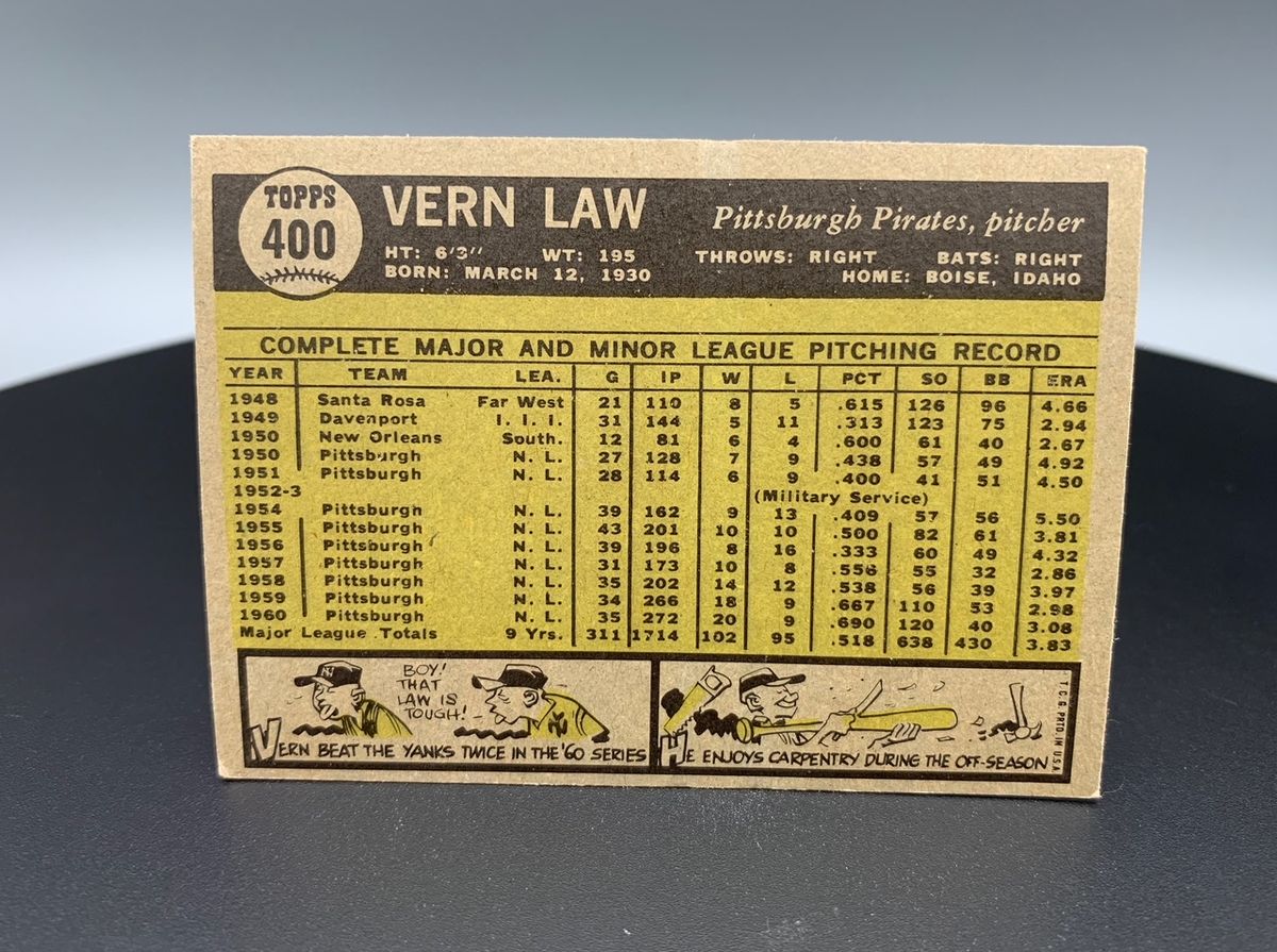 1961 Topps #400 Vern Law Vintage Baseball Card