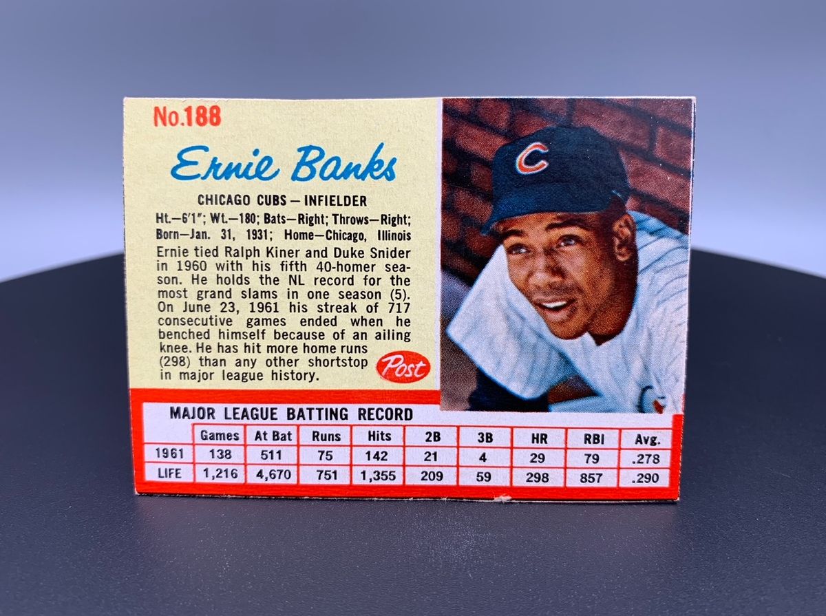 1962 Post Blank Back #188 Ernie Banks Vintage Baseball Card