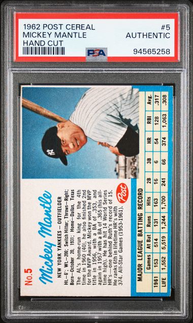 1962 Post Cereal Hand Cut Mickey Mantle #5 PSA Authentic - 94565258