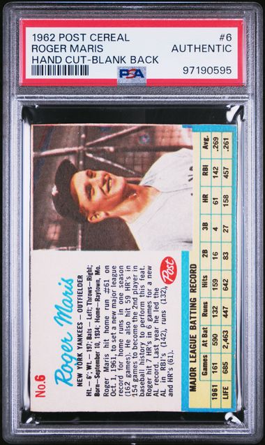 1962 Post Cereal Roger Maris Hand Cut Blank Back PSA Authentic #6 - 97190595