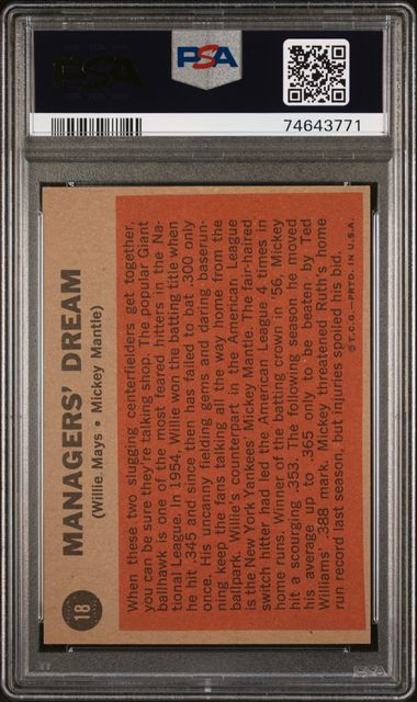 1962 Topps #18 Managers Dream Mickey Mantle Willie Mays Yankees HOF PSA 6 - EX/MT