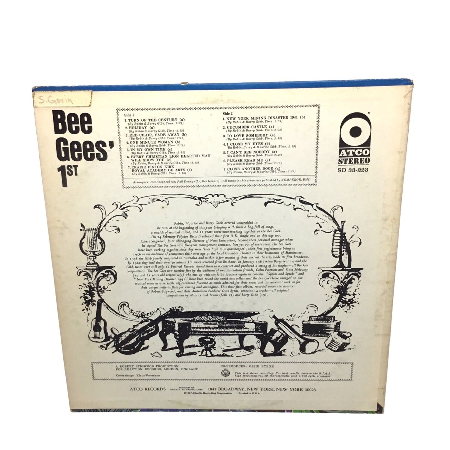 1967 Bee Gees 1st LP Album Vinyl Record SD33-223 60’s Atco Stereo US Original