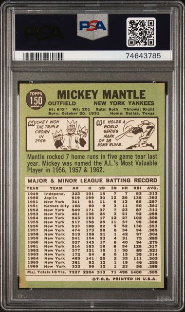 1967 Topps #150 Mickey Mantle Yankees HOF PSA 6 - EX/MT