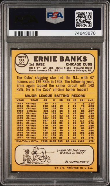 1968 Topps Baseball #355 - Ernie Banks, Chicago Cubs - PSA 4.5 VG-EX+