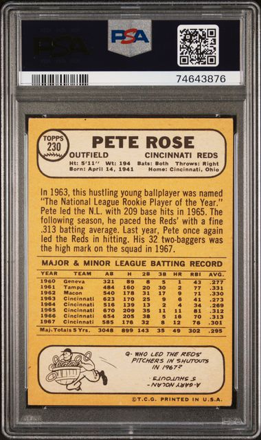 1968 Topps Pete Rose PSA 3.5 VG+ #230 Graded Reds