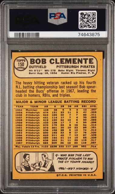 1968 Topps Roberto Bob Clemente #150 PSA 7 NM Pittsburgh Pirates Sharp