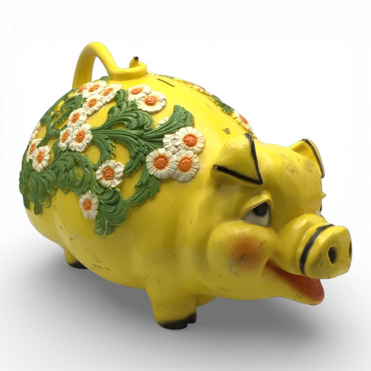 1976 Yellow Floral Hard Plastic Piggy Bank - Universal Statuary Corp