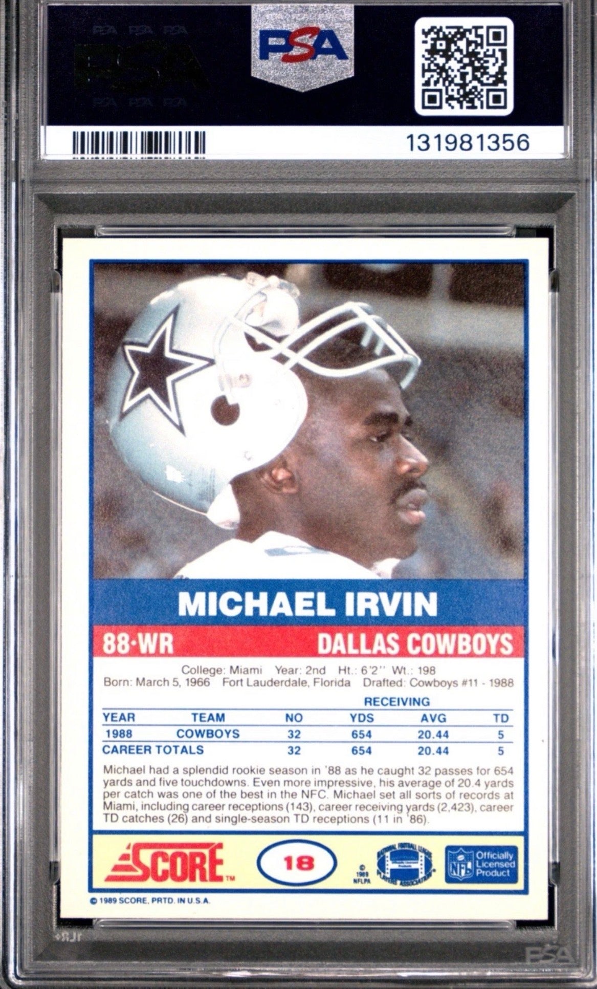 1989 Score 1st Edition #18 Michael Irvin RC #18 PSA 7 - 131981356