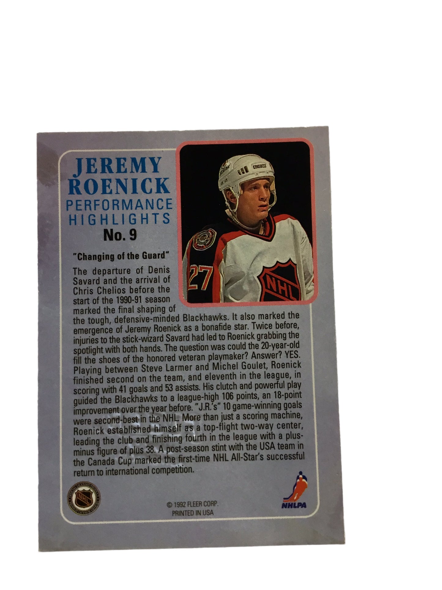 1992-93 FLEER ULTRA HOCKEY PERFORMANCE HIGHLIGHTS AUTO JEREMY ROENICK CARD #9 SP