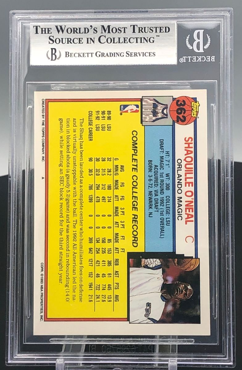 1992-93 Topps Shaquille O'Neal Draft Pick BGS 8.5 Magic #362