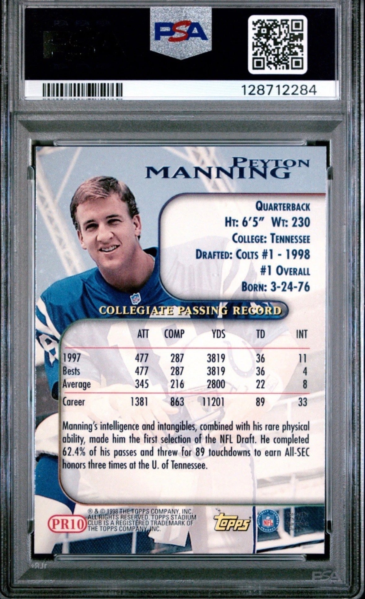 1998 Stadium Club Peyton Manning Prime Rookie HOF RC PSA 8 - 128712284