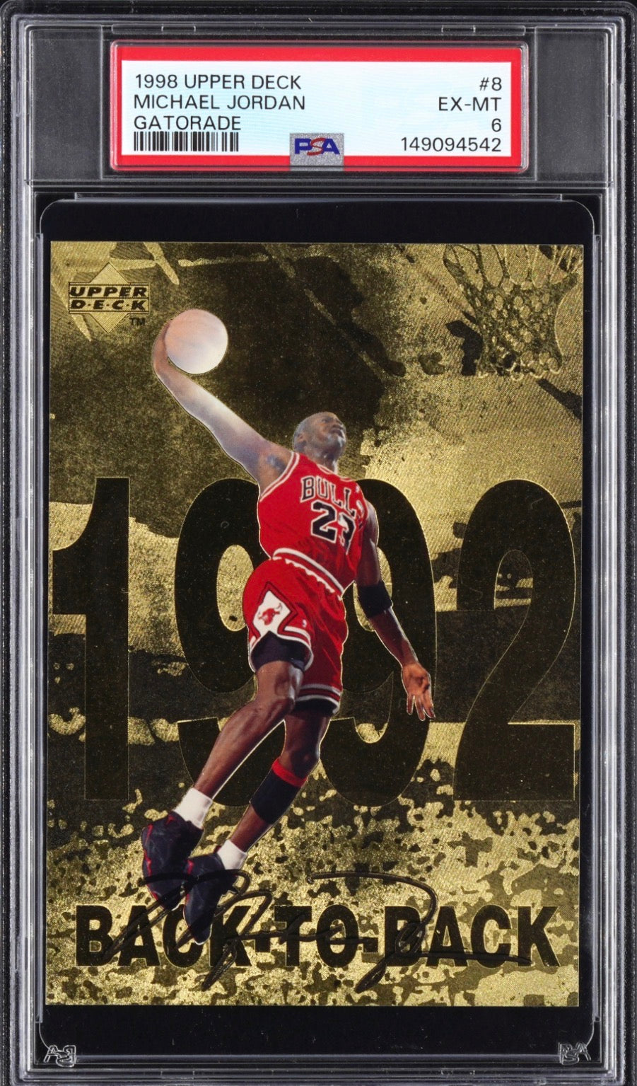 1998 Upper Deck #8 Gatorade Michael Jordan Oversized Card PSA 6 Pop 26 - 149094542