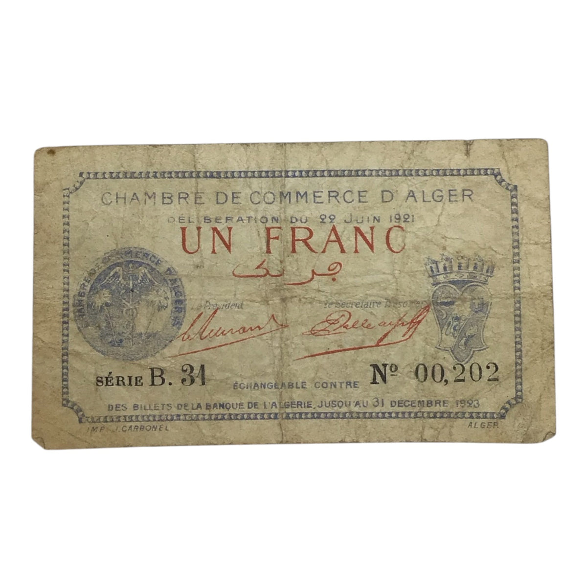 1921 Chamber of Commerce of Algiers 1 Franc Emergency Banknote