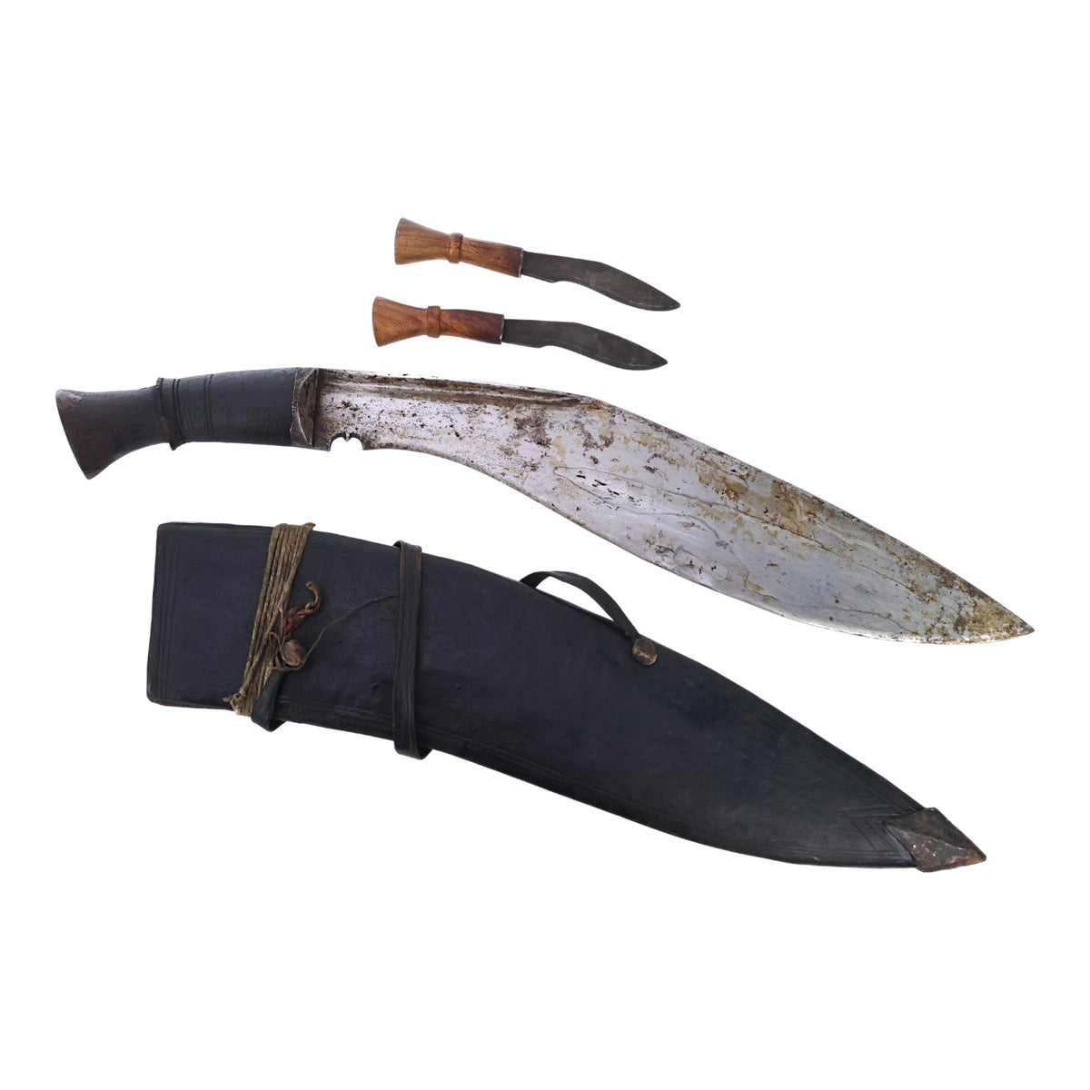 19th C. Nepalese Long Leaf Kukri with Signed Blade, Scabbard & Utility Knives