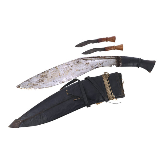 19th C. Nepalese Long Leaf Kukri with Signed Blade, Scabbard & Utility Knives
