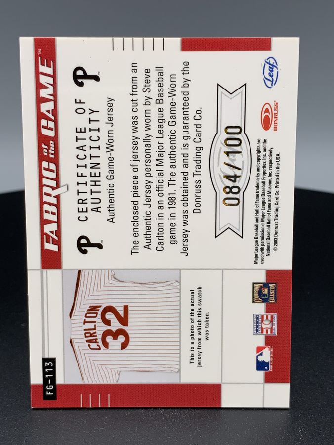 2003 Leaf Certified Steve Carlton Fabric of the Game Phillies 84