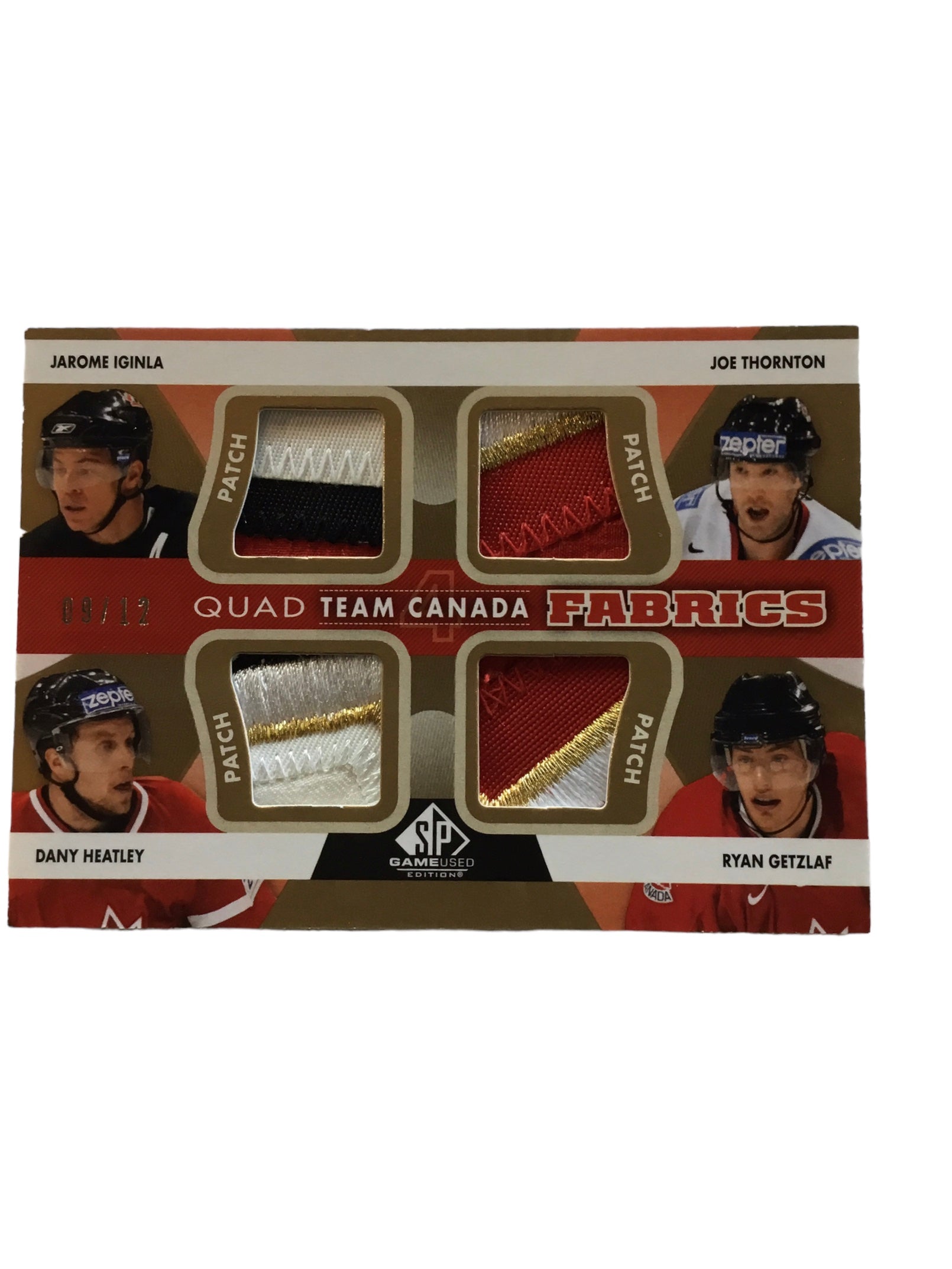 2012-13 SP Game Used Authentic Fabrics Team Canada Quads Patches #TC38 Jarome Iginla/Joe Thornton/Dany Heatley/Ryan Getzlaf # 9/12