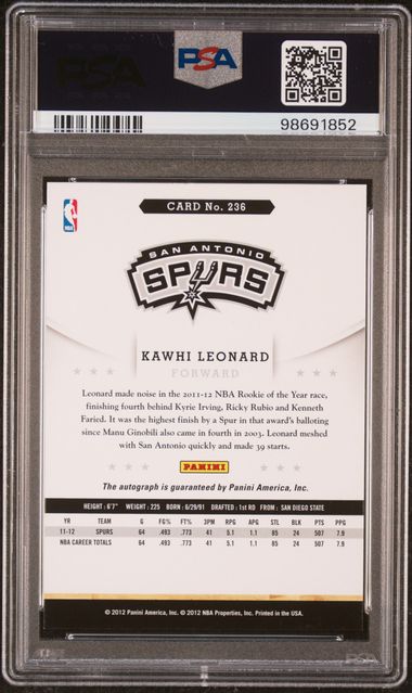 2012 Panini Hoops Kawhi Leonard #236 Authentic Auto PSA 10 Rookie - 98691852