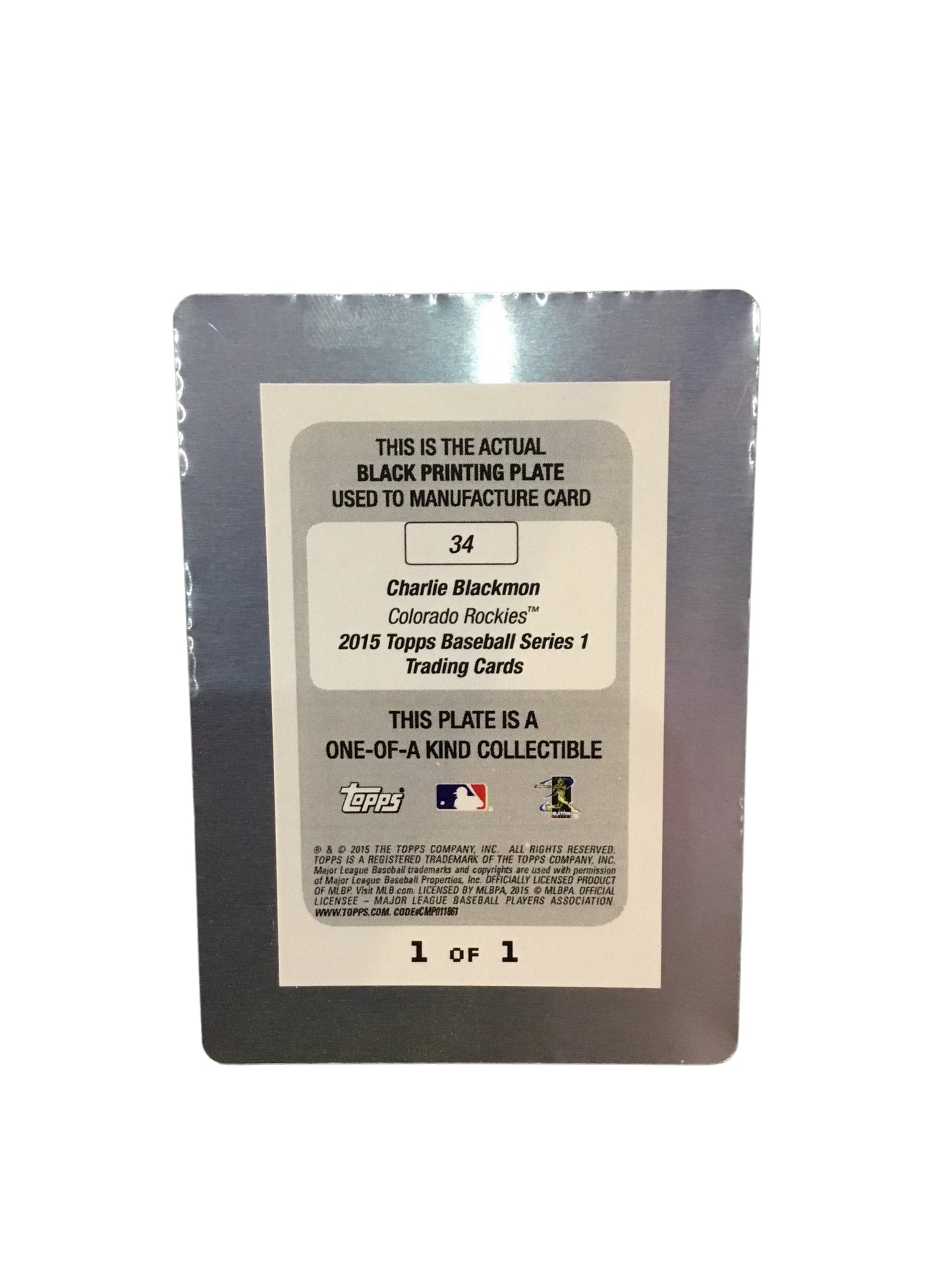 2015 Topps Series 1 Black 1 of 1 Printing Plate 34 Charlie Blackmon