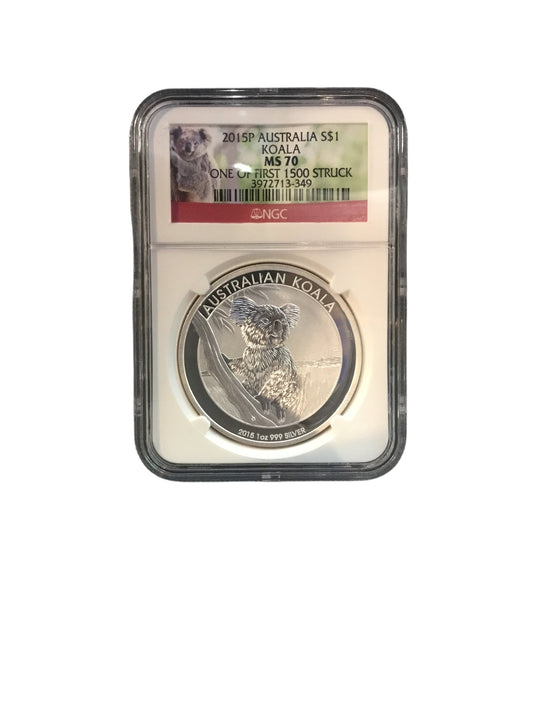 2015P Australia S$1 Koala 1 Oz 999 Fine Silver Graded MS70 One of First 1500 Struck