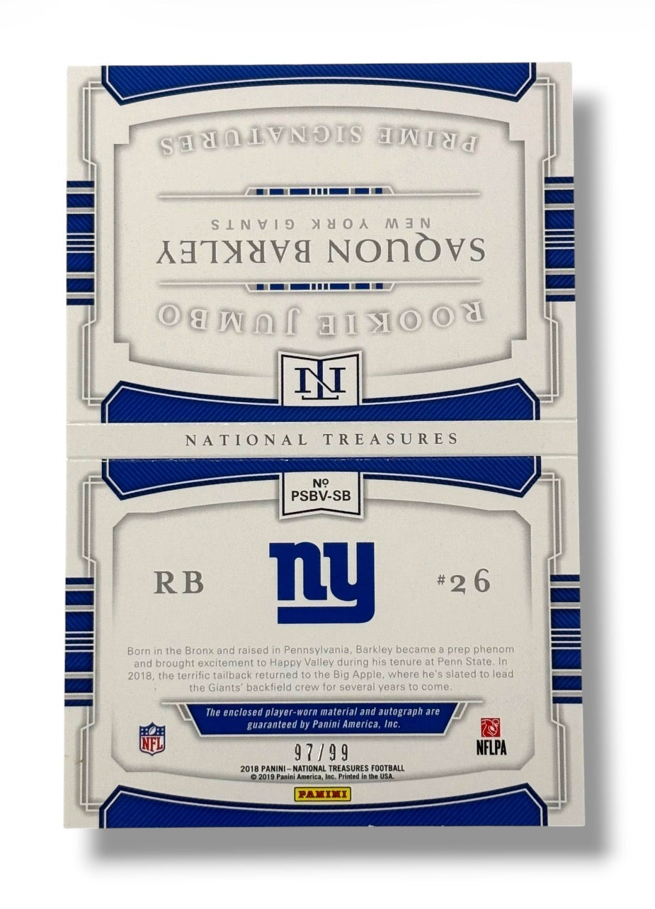 2018 National Treasures Rookie RC Jumbo 2 Color Patch Booklet /99 Saquon Barkley Auto
