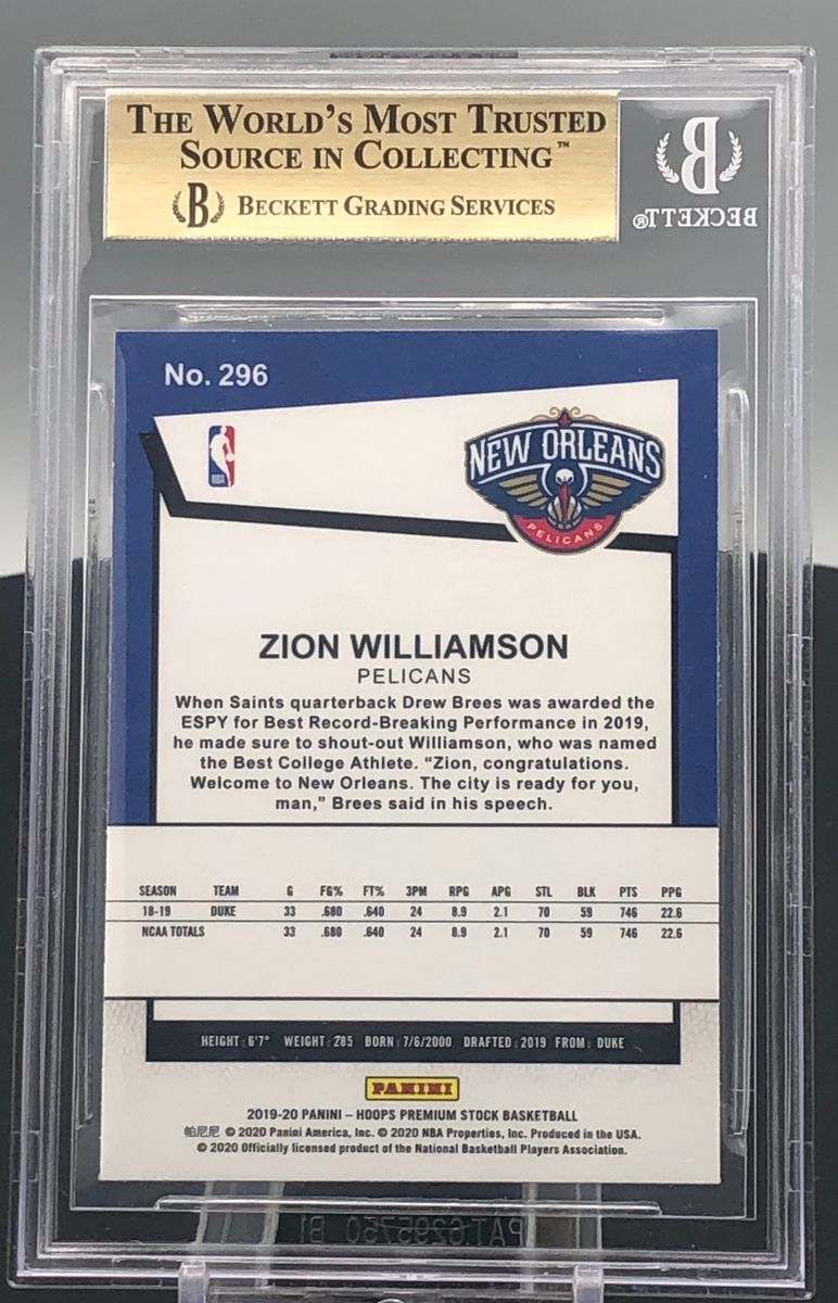2019-20 Panini Hoops Premium Stock Zion Williamson Tribute BGS 9.5 RC #296