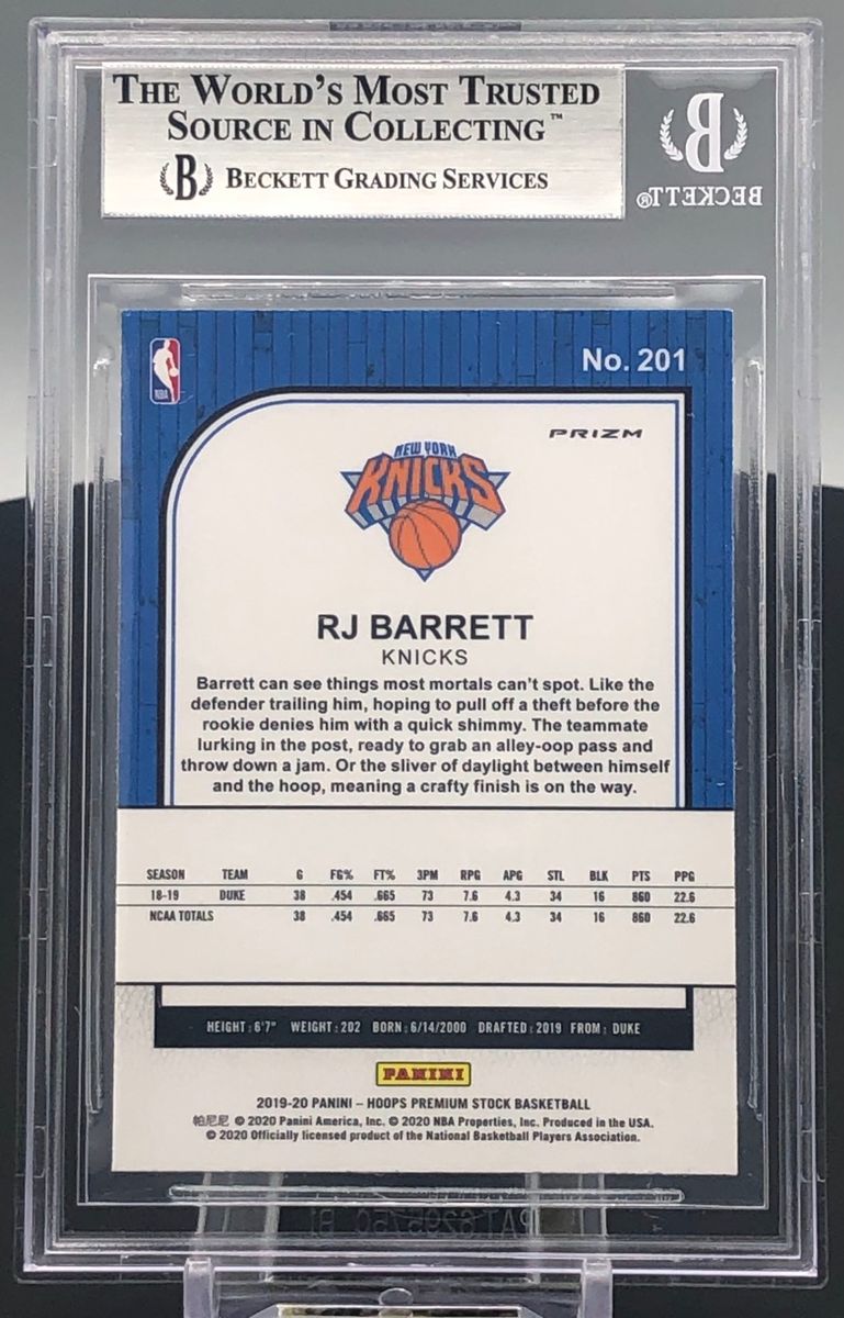 2019-2020 Panini Hoops RJ Barrett Prizm Green Cracked Ice BGS 9 RC #201