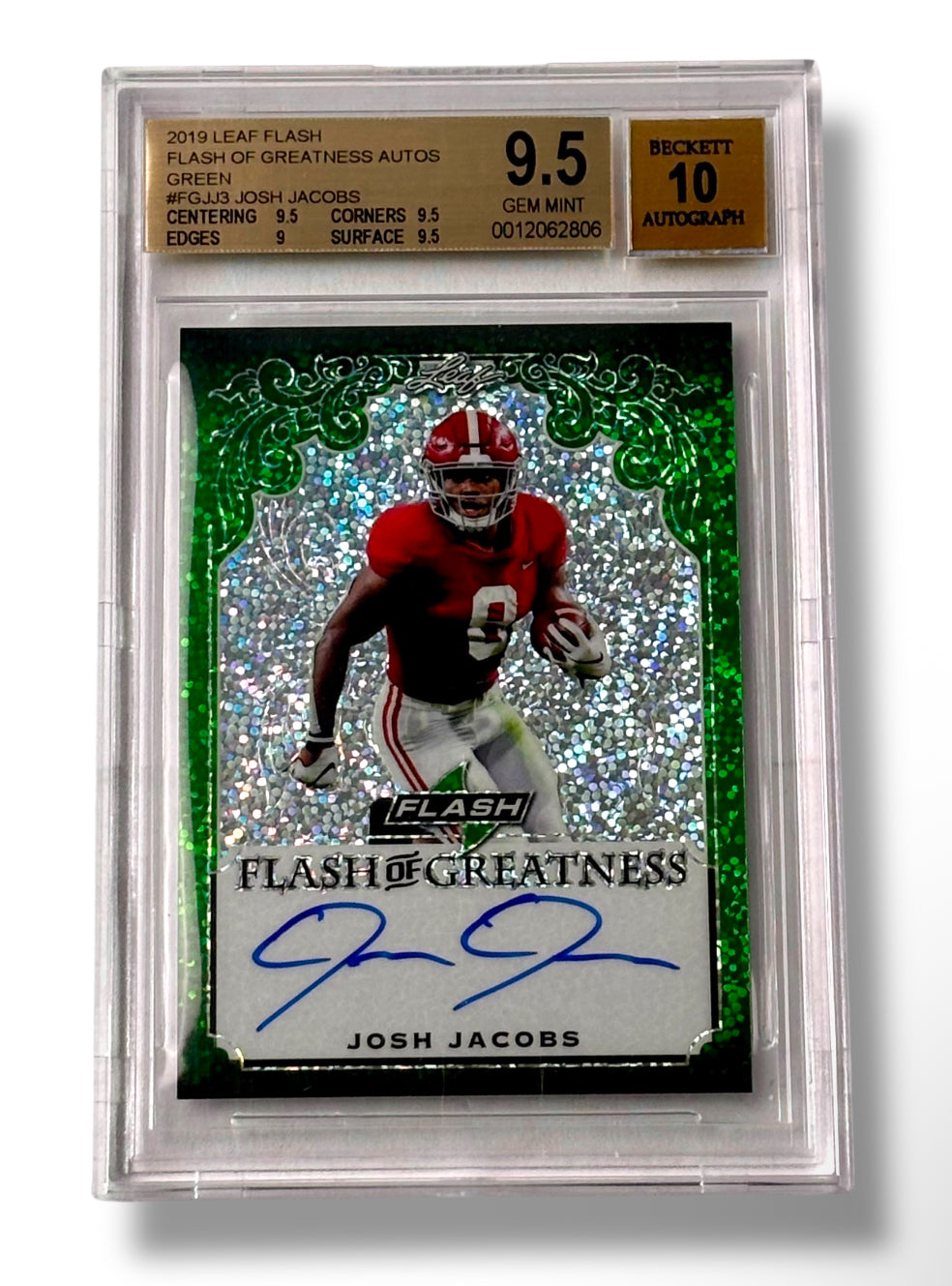 2019 Leaf Flash of Greatness Green /20 Josh Jacobs RC BGS 9.5 Auto 10 Pop 1! - 0012062806