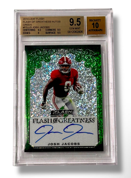 2019 Leaf Flash of Greatness Green /20 Josh Jacobs RC BGS 9.5 Auto 10 Pop 1! - 0012062806