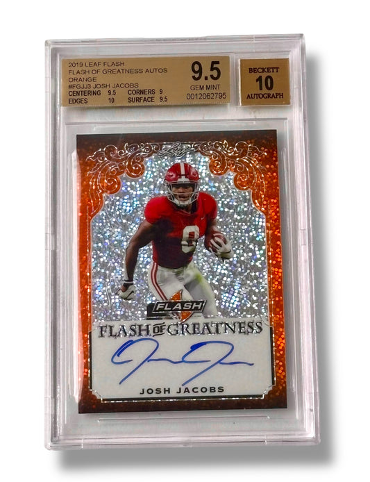 2019 Leaf Flash of Greatness Orange /10 Josh Jacobs RC Rookie BGS 9.5 Auto 10 - 0012062795