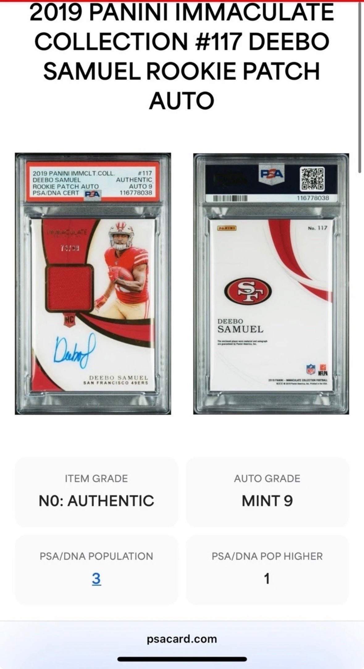 2019 Panini Immaculate RC RPA /99 Deebo Samuel PSA Auth Auto 9 Pop 3! - 116778038