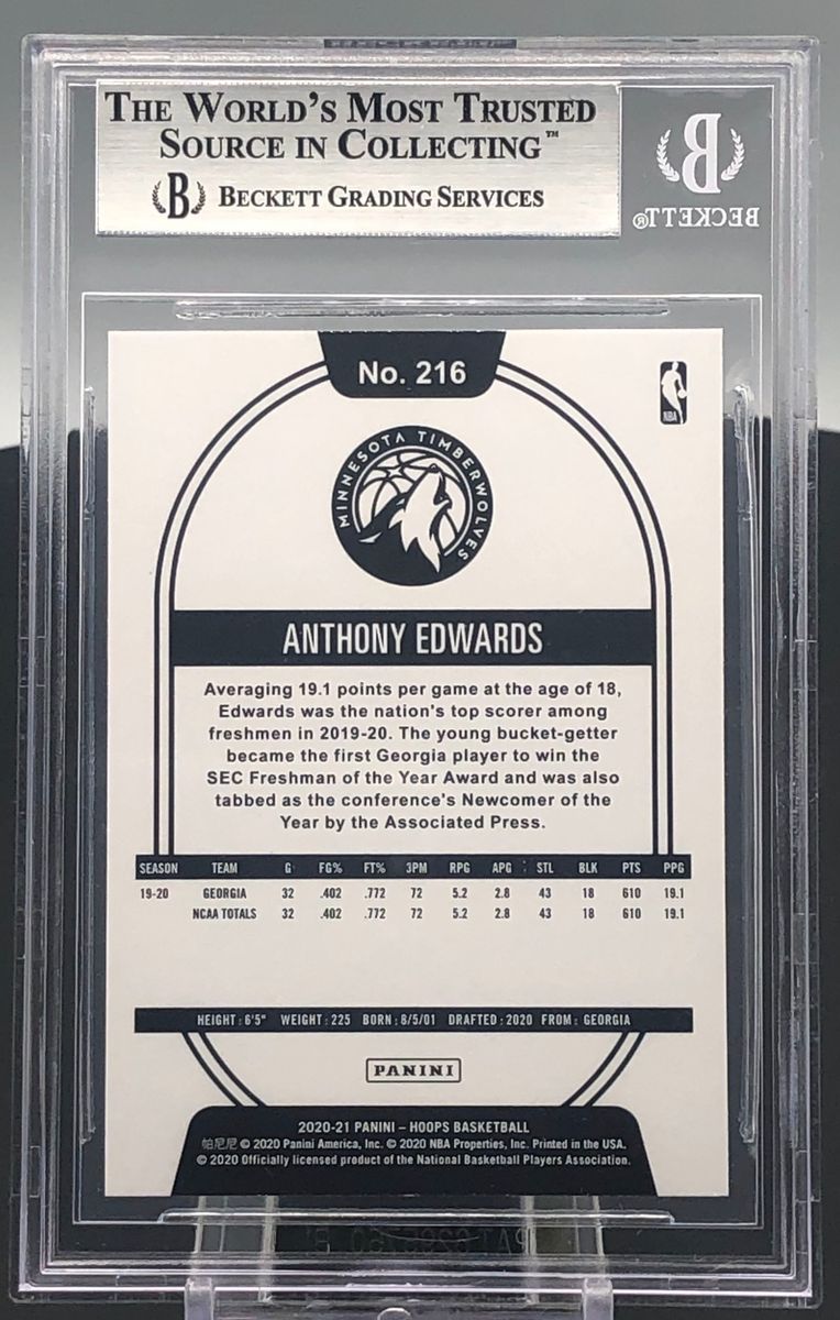 2020-21 Panini Hoops Anthony Edwards BGS 9 Rookie RC Timberwolves #216
