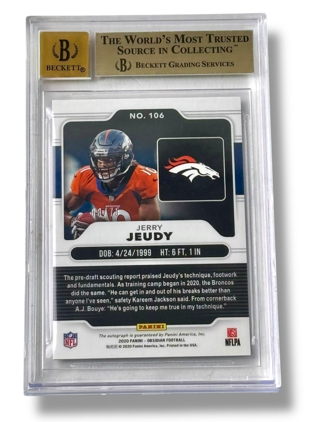 2020 Obsidian Rookie Electric Etch Orange /75 Jerry Jeudy BGS 9.5 Auto 10 - 0013492958