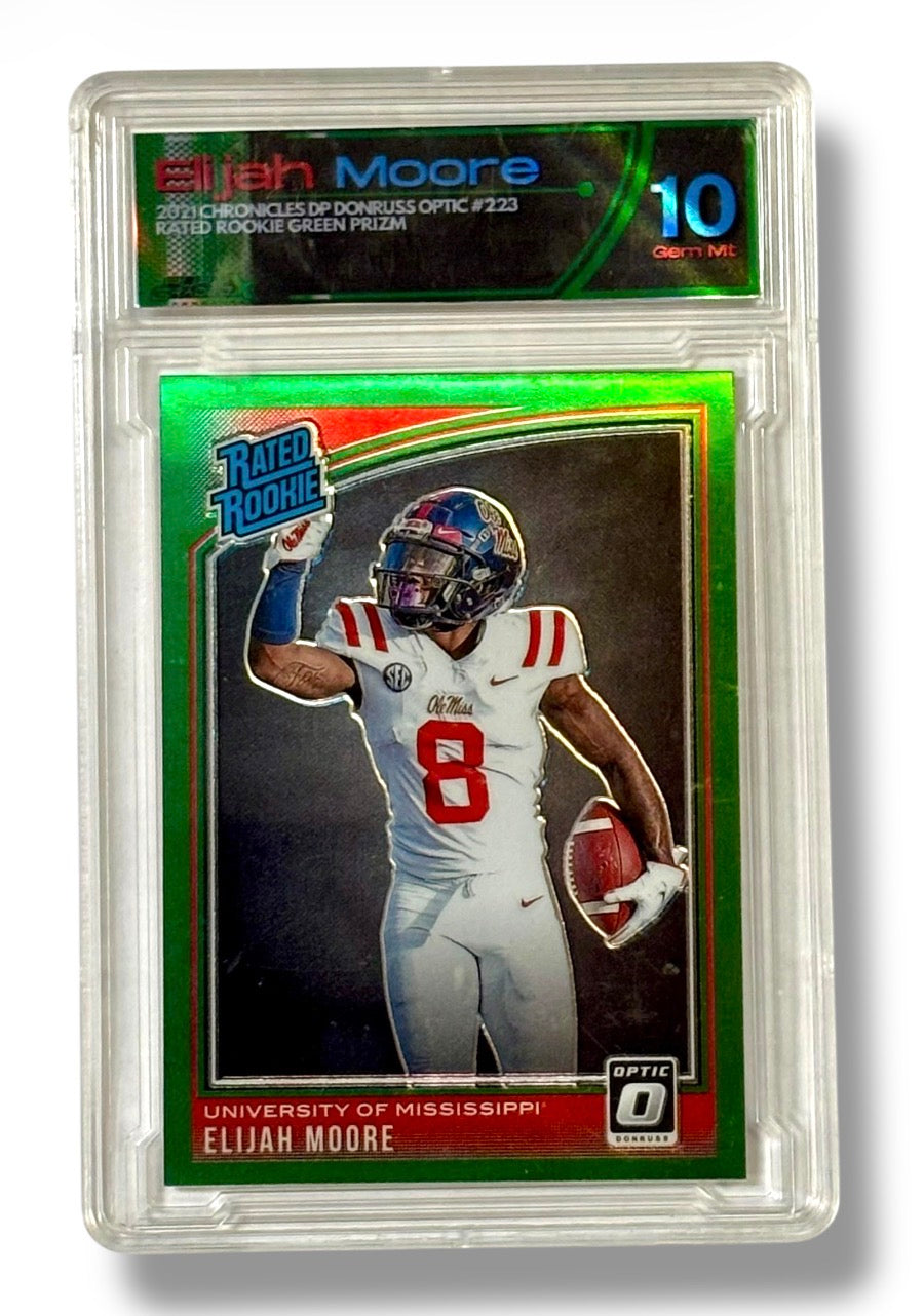 2021 Chronicles Donruss Optic Green Prizm Rated Rookie Elijah Moore PureGradedX 10