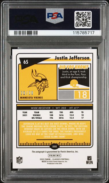 2022 Classics Significant Gold 20/20 Justin Jefferson Auth Auto PSA 10 Pop 1! - 115785717