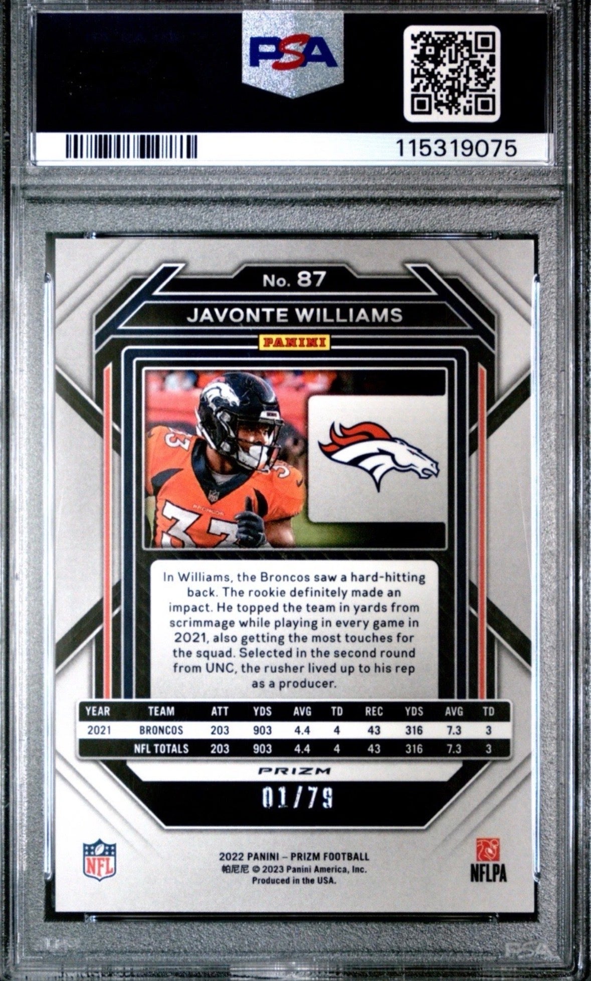 2022 Prizm No Huddle Blue 1/79 First on Print Javonte Williams PSA 9 - 115319075