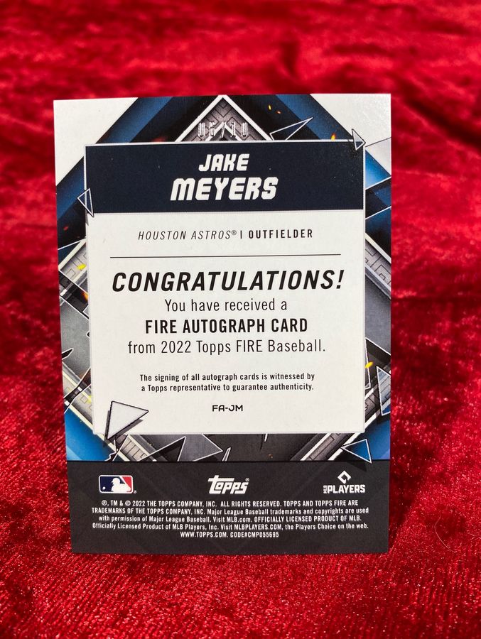 2022 Topps Fire Autographs Gold #FAJM Jake Meyers 6/10 Numbered to jersey number