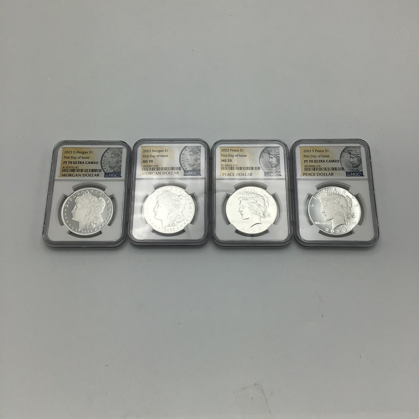 2023 First Day of Issues Peace / S Peace / Morgan / S Morgan Silver Dollar Set MF/PF 70