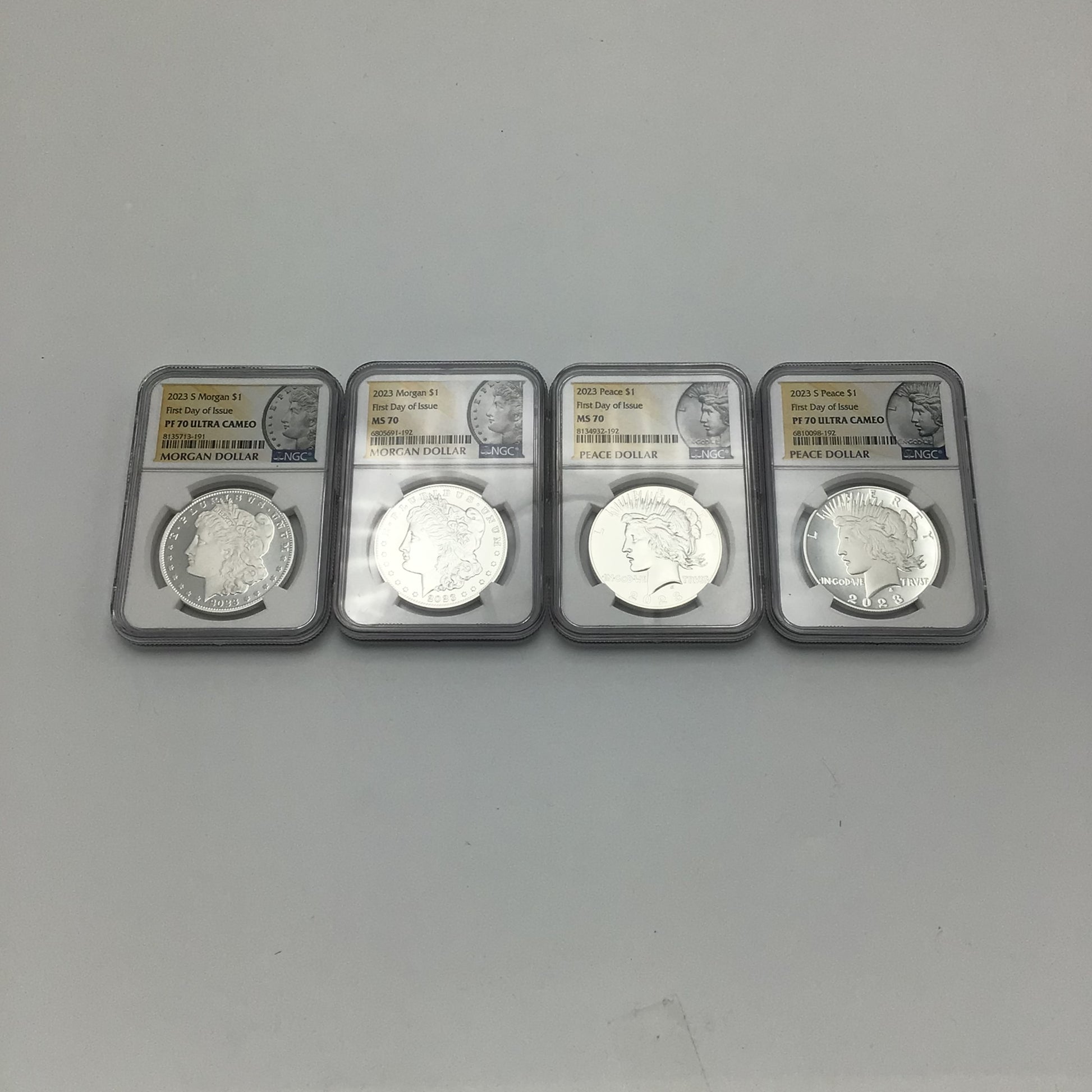 2023 First Day of Issues Peace / S Peace / Morgan / S Morgan Silver Dollar Set MF/PF 70