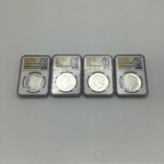 2023 First Day of Issues Peace / S Peace / Morgan / S Morgan Silver Dollar Set MF/PF 70