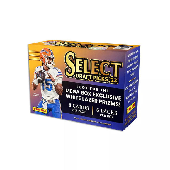 2023 Panini Select Draft Pick Football Trading Card Mega Box contains