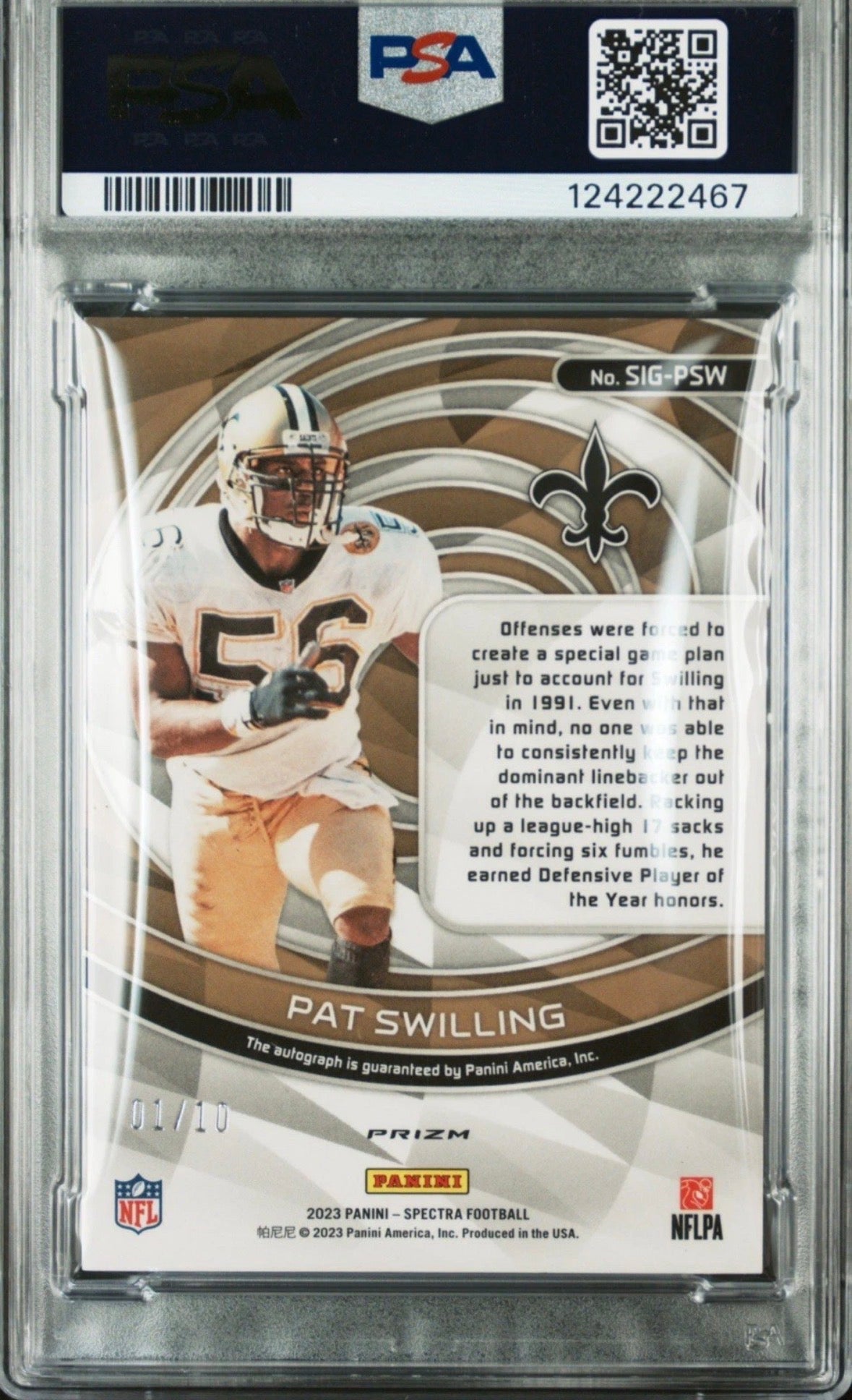 2023 Spectra Signature Neon Orange /10 Pat Swilling PSA Auth Auto 9 - 124222467